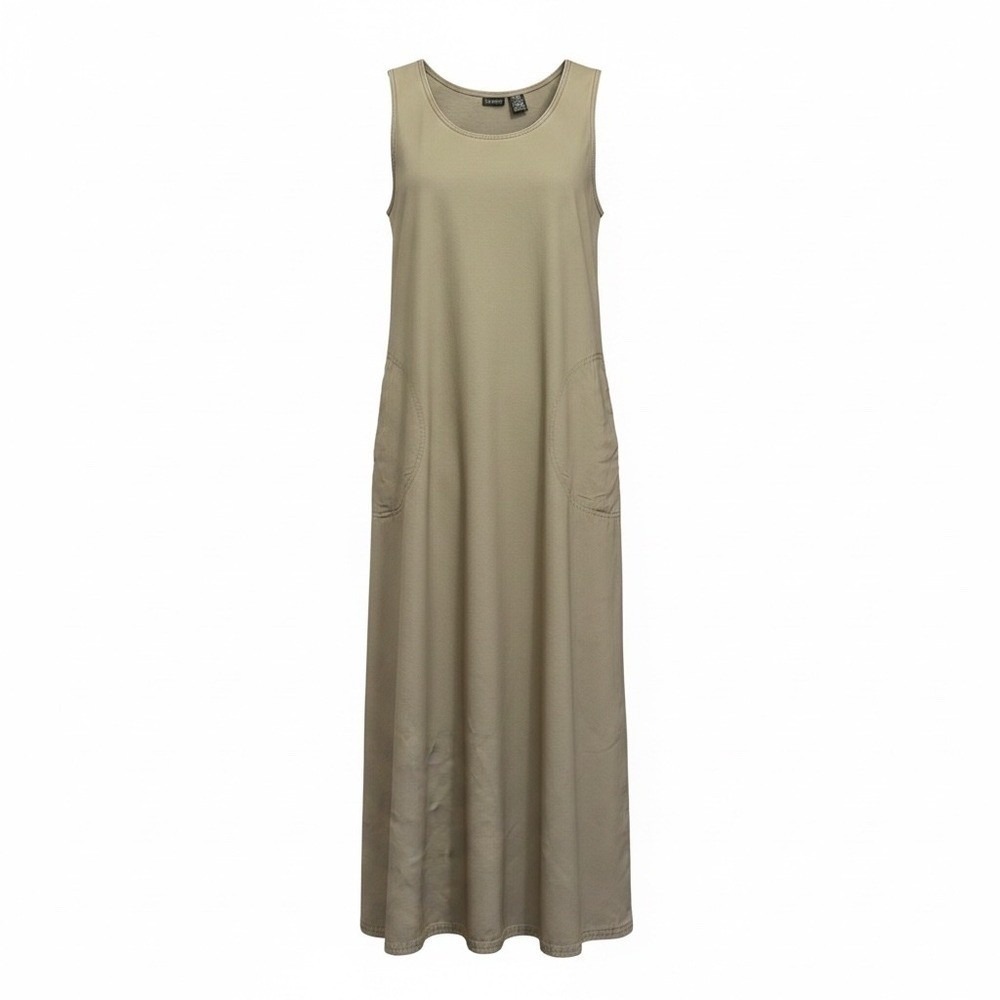 L.L. Bean Dress Vintage 10 Khaki Maxi Shift Cotton Sleeveless Pockets